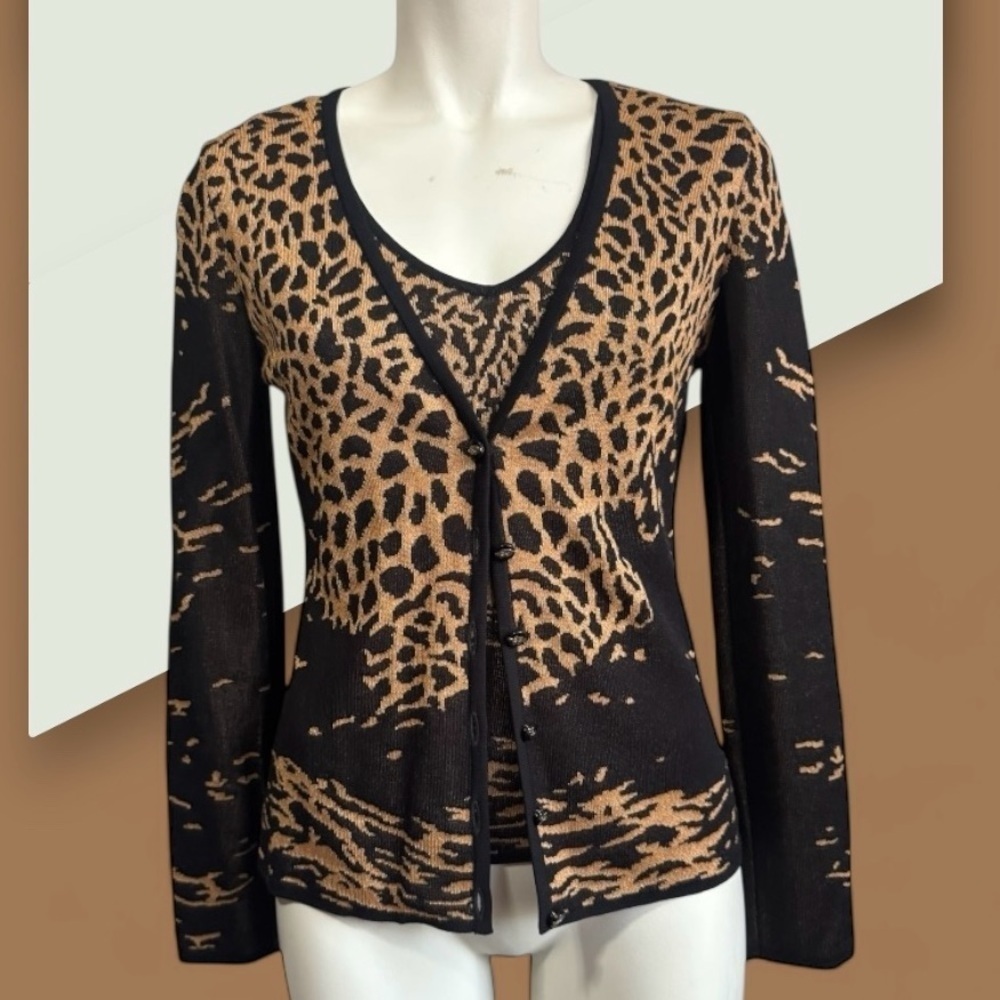 Vintage Escada Leopard Twin Set | Amber Rhinestone Sparkle Shell + Cardigan - Picture 14 of 14